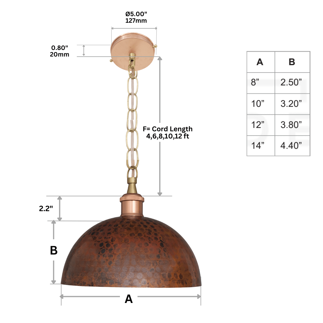 Copper Smooth Hammered Dome Pendant Light